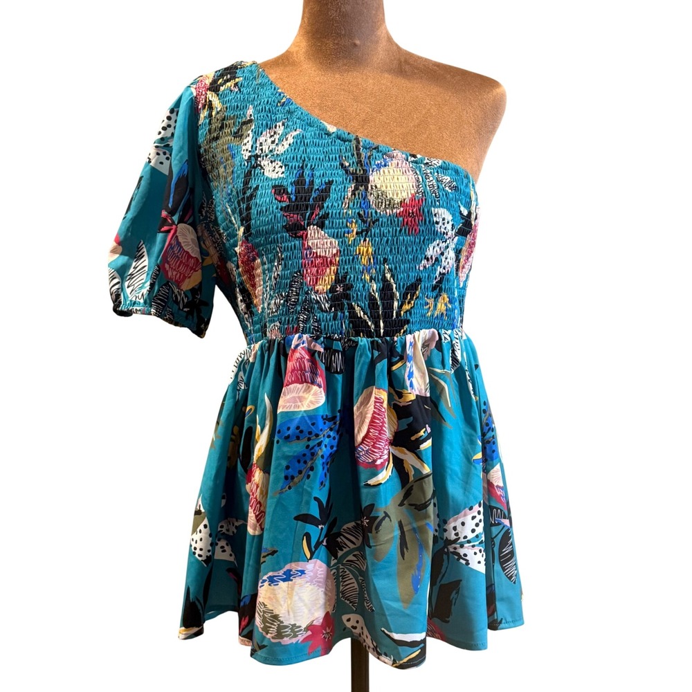 Jodifl One Shoulder Top Womens M Teal Floral NWT Smocked Resortwear‎ Babydoll